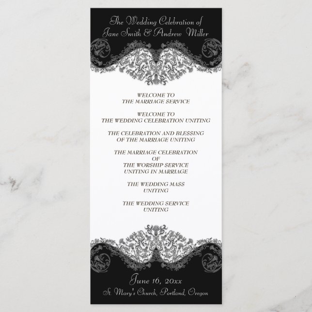 Black and white elegant damask Wedding Programs Programme (Front)