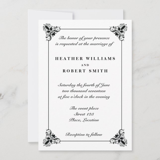 Black And White Elegant Decorative Frame Wedding Invitation (Front)