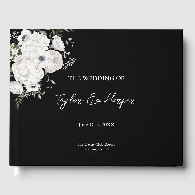 Black and White Elegant Floral Bouquet Modern Guest Book (Front)