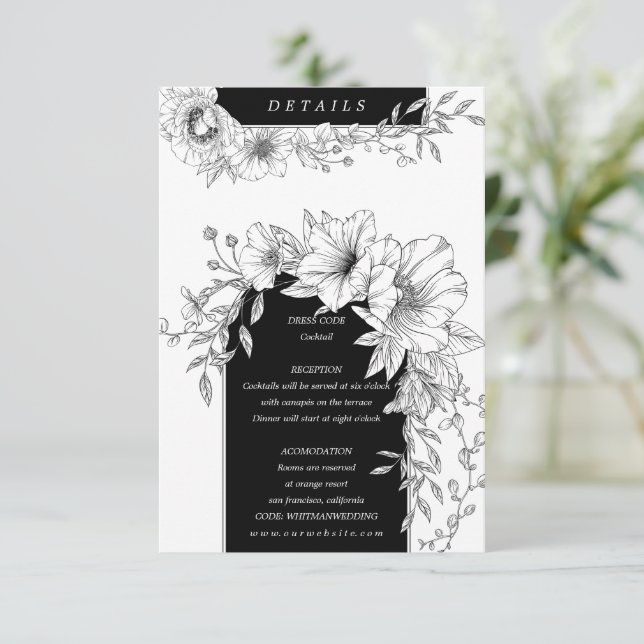 black and white elegant floral details enclosure card (Standing Front)