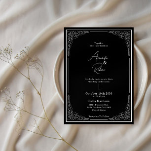 Black and White Elegant Floral Wedding Invitation