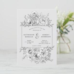 black and white elegant floral wedding invitation