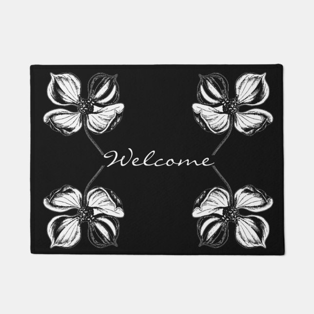 Black and White Elegant Flower Pattern Doormat (Front)
