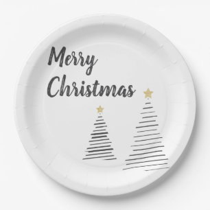Black and White Elegant Merry Christmas Trees Paper Plate