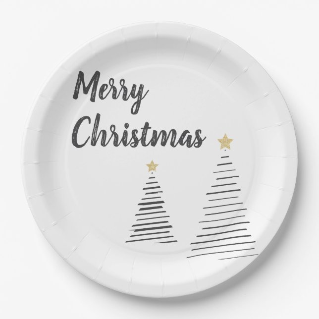 Black and White Elegant Merry Christmas Trees Paper Plate (Front)