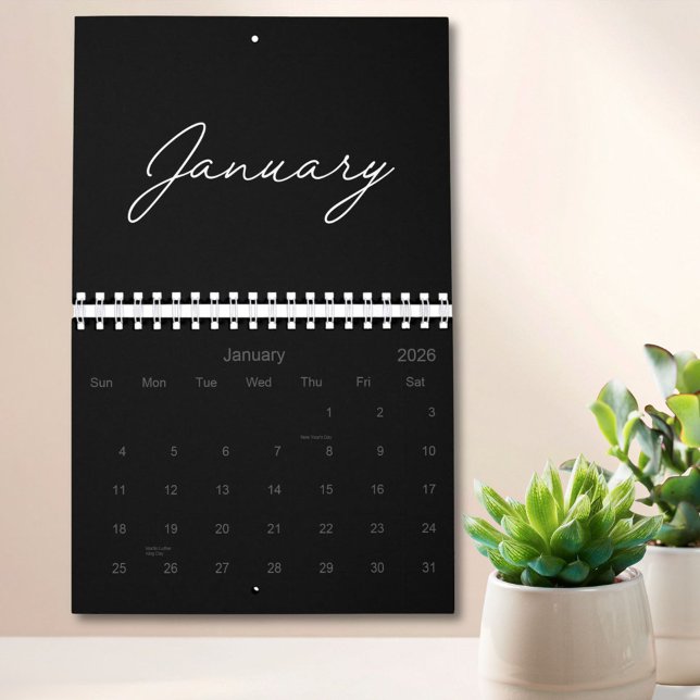 Black and White Elegant Modern Script 2026 Calendar (In situ)