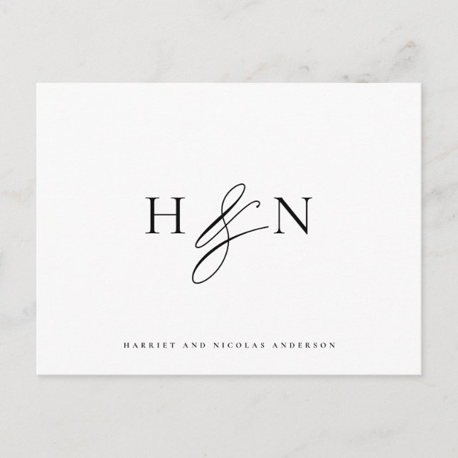 Black and White Elegant Monogram Wedding Thank You Postcard (Front)