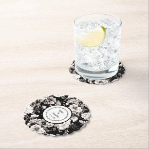 Black and white elegant roses wedding candles paper coaster
