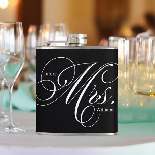 Black and White Elegant Script Future Mrs Hip Flask