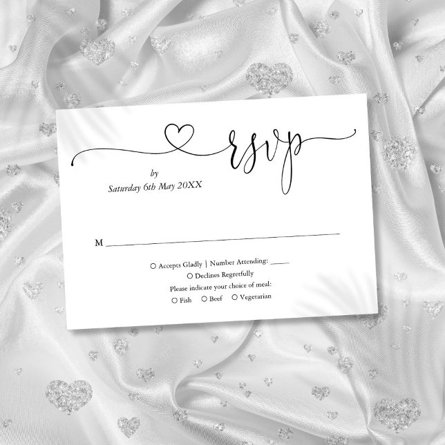 Black And White Elegant Script Heart RSVP Card (Black And White Elegant Script Heart RSVP Card)