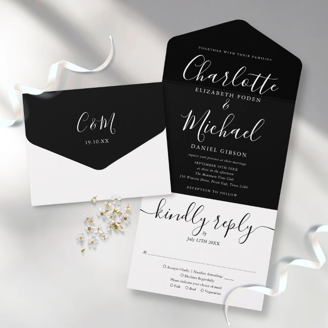 Black And White Elegant Script Minimalist Wedding  All In One Invitation (Creator Uploaded)