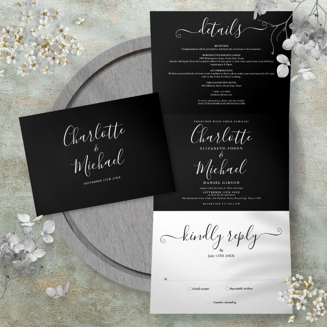 Black And White Elegant Script Monogram Wedding Tri-Fold Invitation (Black And White Elegant Script Monogram Wedding Tri-Fold Invitation)