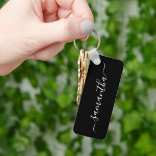 Black and White Elegant Script Signature Name Key Ring