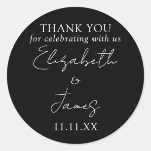 Black And White Elegant Script Wedding Thank You Classic Round Sticker