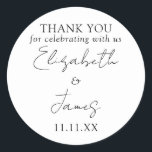 Black And White Elegant Script Wedding Thank You Classic Round Sticker<br><div class="desc">This black and white minimalist elegant script wedding thank you sticker can be personalised with your information in chic typography. Designed by Thisisnotme©</div>