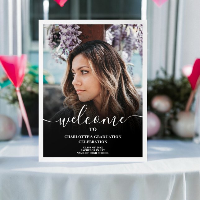 Black and white elegant script welcome graduation poster (Black and white elegant script welcome graduation poster)