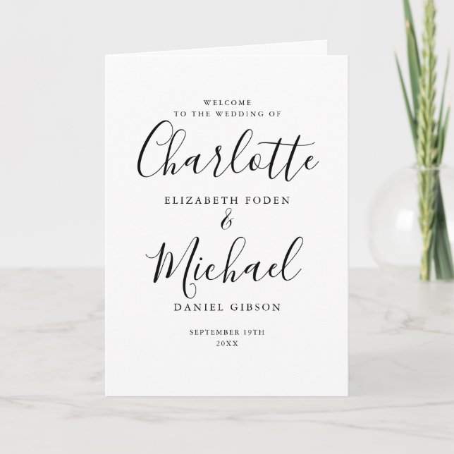 Black And White Elegant Signature Script Wedding  Programme (Front)