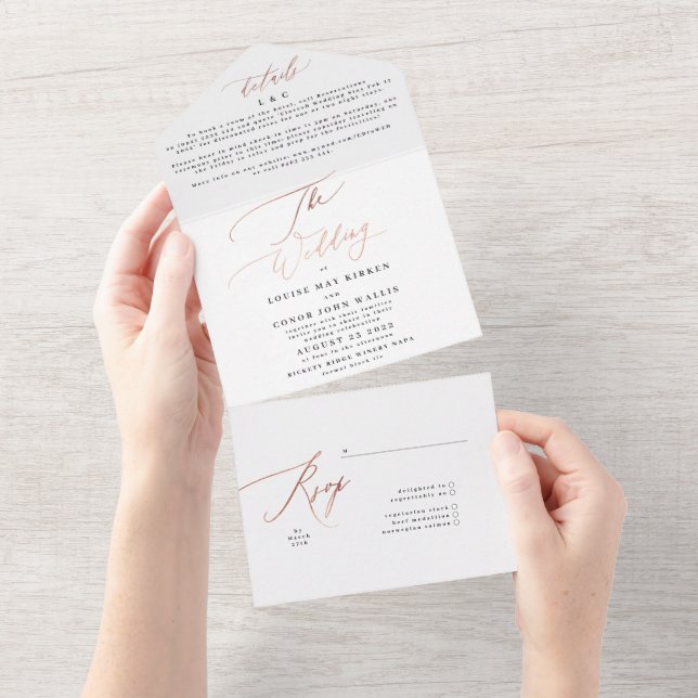 Black and White Elegant Simple Rose Gold Wedding All In One Invitation (Tearaway)