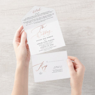 Black and White Elegant Simple Rose Gold Wedding All In One Invitation