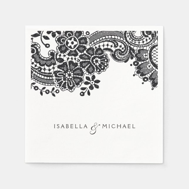 Black and white elegant vintage lace wedding napkin (Front)