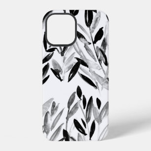 Black and white elegant watercolor natural leaves iPhone 12 case