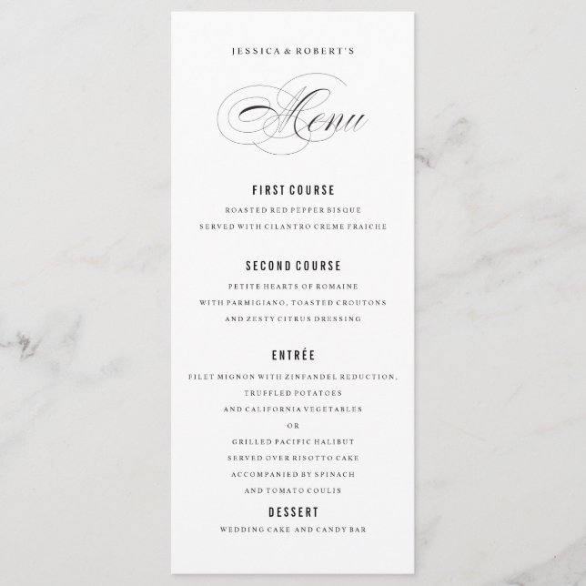 Black and white Elegant Wedding Menu Script (Front)