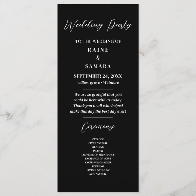 Black and White Elegant Wedding Party Program Programme (Front)