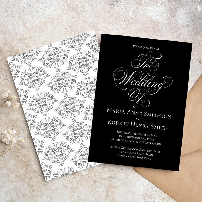 Black and White Elegant Wedding Script  Invitation (Classic calligraphy script black and white wedding invitation with traditional damask.)
