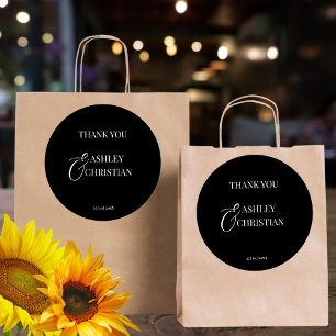 Black and white elegant wedding thank you favour classic round sticker