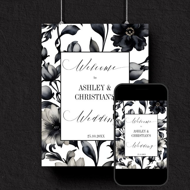 Black and white elegant wedding welcome sign (Black and white vintage flowers simple elegant wedding template welcome sign digital download)