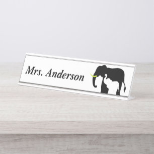 Black and White Elephants Desk Name Plate