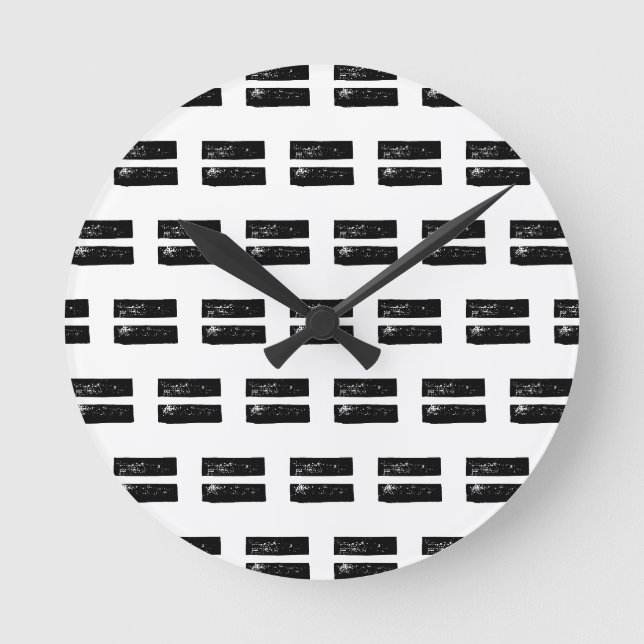 Black and White "Equals" Math Symbol Lino Cut Round Clock (Front)