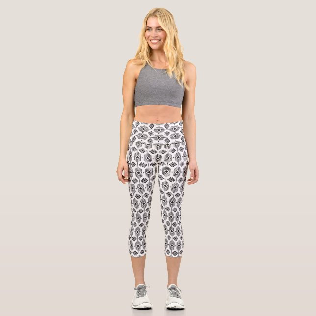 Black and white ethnic ikat geometric pattern  capri leggings (Front)