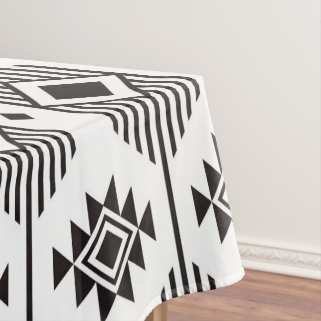 Black and white ethnic ikat geometric pattern tablecloth (In Situ)