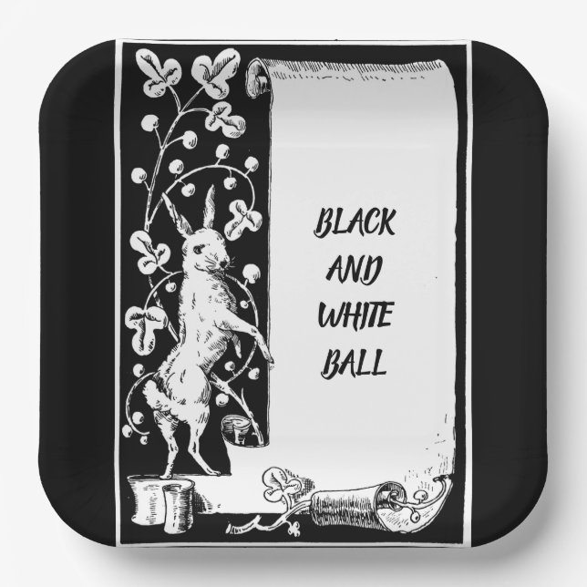 Black and white event rabbit with scroll paper plate (Front)