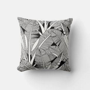 Black and white exotic plant and palm tree botanic cushion