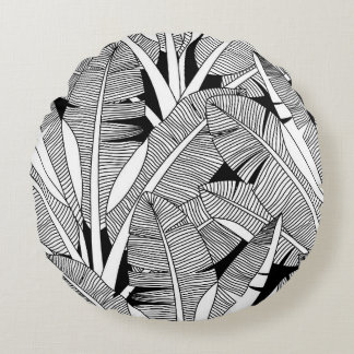 Black and white exotic plant and palm tree botanic round cushion