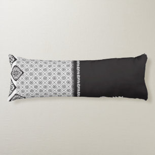 Black and white fabric design featuring intricate body cushion