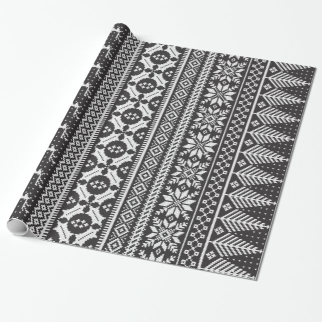 black and white fair isle knit sweater wrapping paper (Unrolled)