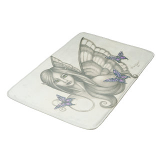 Black and White Fairy Face and Purple Butterflies Bath Mat