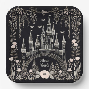 Black and White Fairytale Castle Illustration Paper Plate