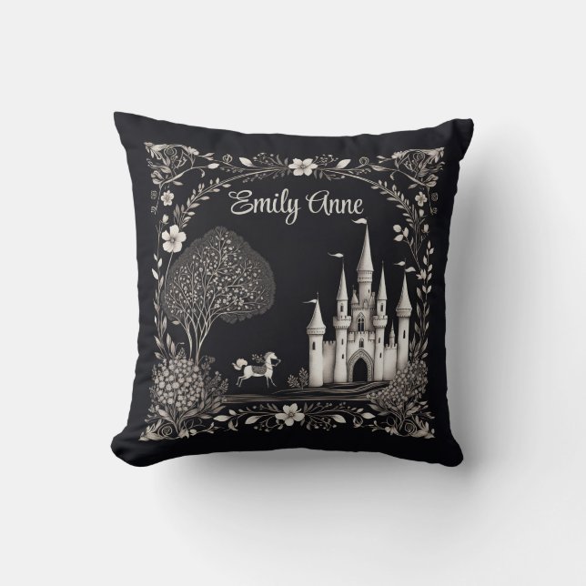 Black and White Fairytale Castle with Horse Cushion (Front)