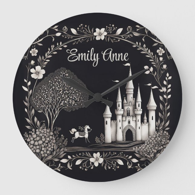 Black and White Fairytale Castle with Horse Large Clock (Front)