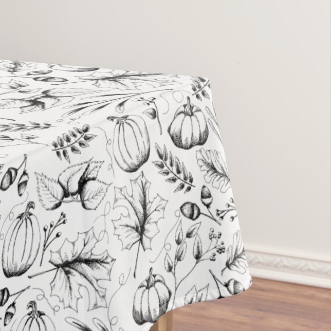 Black and White Fall Harvest Pattern Thanksgiving Tablecloth (In Situ)