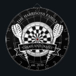 Black and White Family Custom Name Wedding Dartboard<br><div class="desc">Celebrate your special day with the Black and White Family Custom Name Wedding Dart Board. Featuring a timeless monochrome design, this dartboard can be personalised with the couple's last name, making it a unique keepsake or playful wedding gift. Perfect for adding charm to your home or for entertaining guests, this...</div>