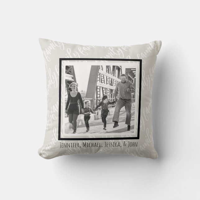 Black and White Family Photo and Names Cushion (Front)