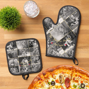 Black and White Family Photo Collage Gold Monogram Oven Mitt & Pot Holder Set
