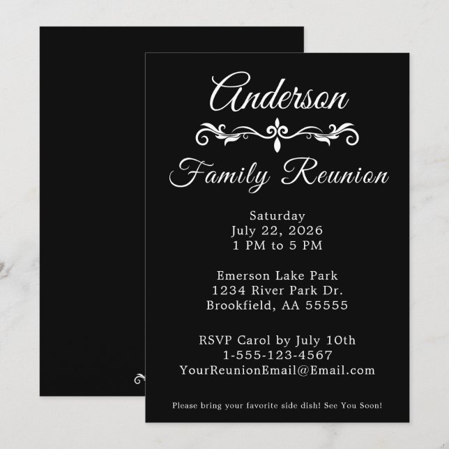 Black and White Family Reunion Elegant Script  Inv Invitation (Front/Back)