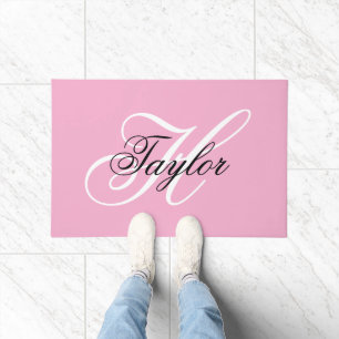 Black and White Fancy Monogram Pink Doormat