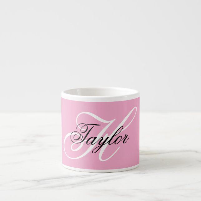 Black and White Fancy Monogram Pink Espresso Cup (Front)